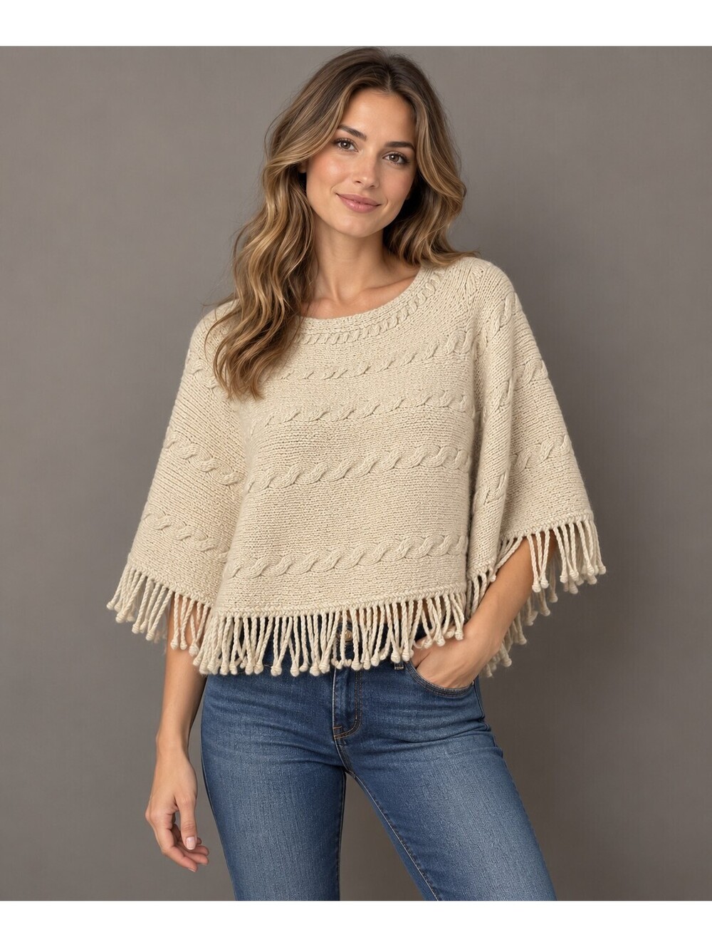 Lands End Womens Beige Cable Knit Wool Blend Fringe Poncho Cape Sweater S/M